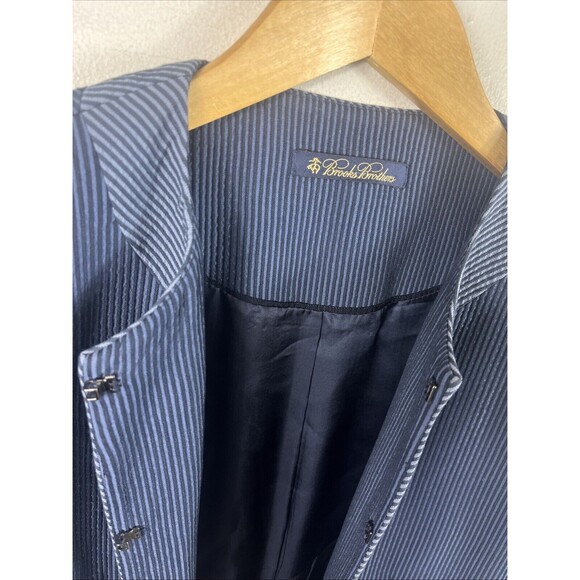 Brooks Brothers Blue Pinstripe 3/4 Sleeve Collarless Crop Modern Jacket Size 10 - Picture 3 of 12
